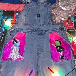 Custom painted cute horror overalls